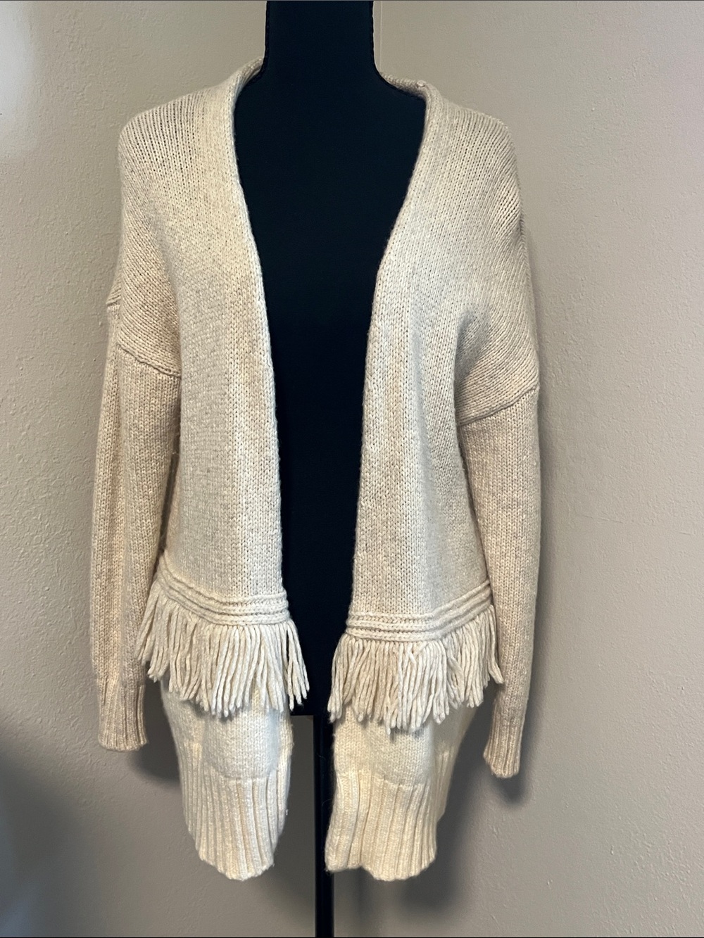 Madewell Cream Fringe Open-Front Cardigan-Alpaca/Wool Blend-XSMALL